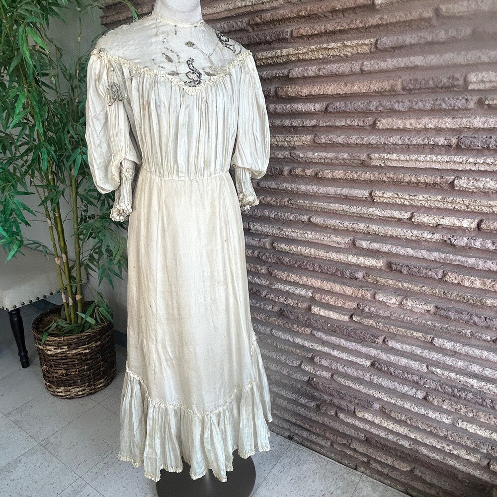 Antique Victorian Ivory Dress Mesh Lace Sequins Distressed Damaged As Is - Picture 5 of 16